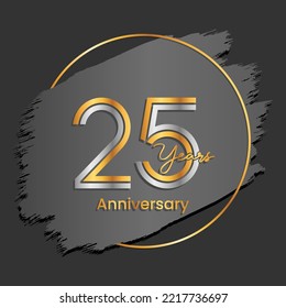 25th Anniversary. Anniversary logo design with gold and silver text isolated on abstract background for celebration event, invitation card, greeting card, flyer, banner, poster, vector illustration
