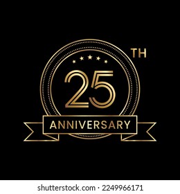 25th Anniversary logo design with gold color for celebration event, invitation, banner, poster, flyer, greeting card. Line Art Design, Logo Vector Illustration