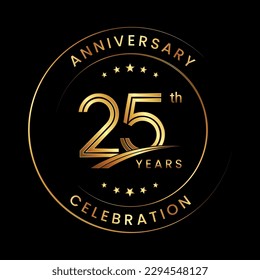 25th Anniversary. Anniversary logo design with gold color ring and text for anniversary celebration events. Logo Vector Template svg