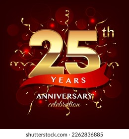 25th Anniversary logo design with golden numbers and red ribbon for anniversary celebration event, invitation, wedding, greeting card, banner, poster, flyer, brochure, book cover. Logo Vector Template svg