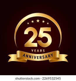 25th Anniversary logo design with golden ribbon. Logo Vector Template Illustration