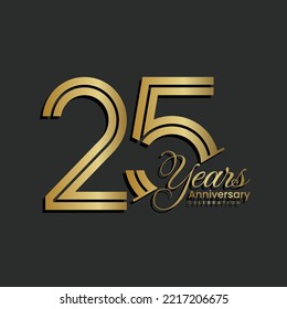 25th Anniversary logo design. Twenty five years Celebrating Anniversary Logo in gold color for celebration event, invitation, greeting, flyer, banner, Double line logo, vector illustration