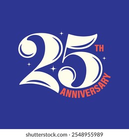 25th anniversary logo with elegant typography vector illustration. 25 years jubilee, wedding, birthday party celebration template, poster, banner. Year anniversary sticker, label, tag, emblem.