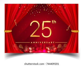 25th Anniversary Logo With Glowing Golden Colors Isolated On Realistic Red Curtain, Vector Design For Greeting Card, Poster And Invitation Card