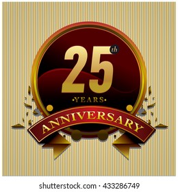 25th anniversary logo with gold circle badge. Anniversary signs illustration. Gold colors anniversary logo with circle ring