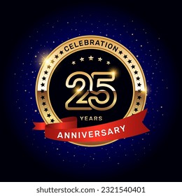 25th anniversary logo with gold numbers and red ribbon, vector template svg