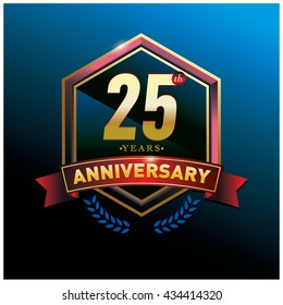 25th anniversary logo with gold ring and red ribbon. Anniversary signs illustration. Gold anniversary logo design and illustration