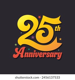 25th anniversary logo with golden color text, ribbon and stars on black background. 25 Years birthday template, badge, sticker, poster, banner, invitation, wedding, jubilee and greeting card.