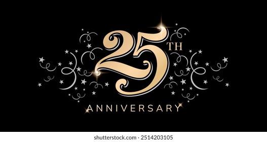 25th anniversary logo with golden color and silver stars confetti isolated black backgrounds for greeting cards, invitations, Wedding anniversary , banner and celebration company or business corporate