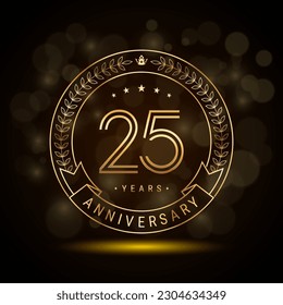 25th anniversary logo with golden laurel wreath and double line numbers, template design for anniversary celebration event, double line style vector design