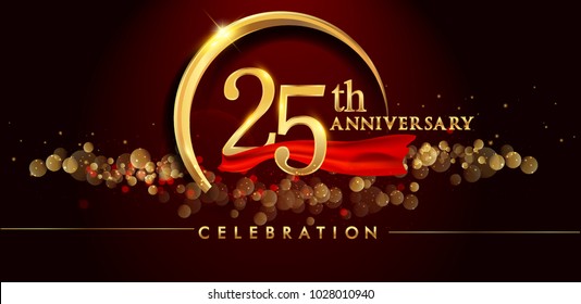25th anniversary logo with golden ring, confetti and red ribbon isolated on elegant black background, sparkle, vector design for greeting card and invitation card svg