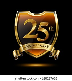 25th anniversary logo with golden shield and ribbon. Vector illustration celebration template