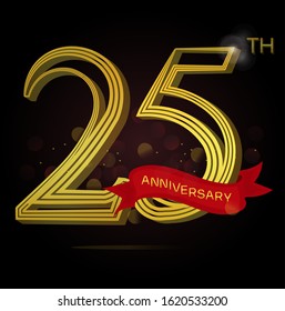 25th anniversary logo with Line motif and red ribbon isolated on elegant black background, vector design for celebration purpose