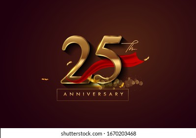 25th Anniversary Logo With Red Ribbon And Golden Confetti Isolated On Elegant Background, Sparkle, Vector Design For Greeting Card And Invitation Card.