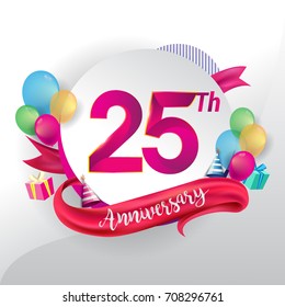 25th Anniversary logo with ribbon, balloon, and gift box isolated on circle object and colorful background