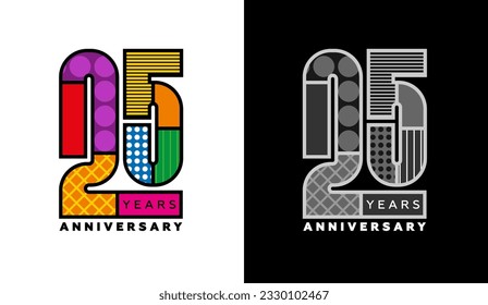 25th anniversary logo set, twenty fifth badge, colorful logo for celebration event, invitation, congratulations, web template, flyer and booklet, retro symbol svg