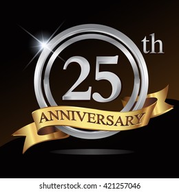 25th anniversary logo, with shiny silver ring and gold ribbon isolated on black background. vector design for birthday celebration.