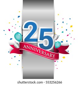 25th anniversary logo with silver label and red ribbon, balloons, confetti. twenty five Years birthday Celebration Design for party, and invitation card