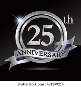 25th anniversary logo with silver ring and ribbon. Vector design template elements for your birthday celebration.