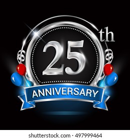 25th anniversary logo with silver ring,balloons and blue ribbon. Vector design template elements for your birthday celebration.
