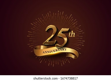 25th anniversary logotype with fireworks and golden ribbon, isolated on elegant background. vector anniversary for celebration, invitation card, and greeting card.