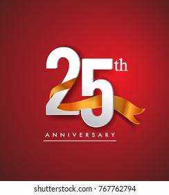 25th anniversary logotype with golden ribbon isolated on red elegance background, vector design for birthday celebration, greeting card and invitation card.