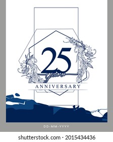 25th Anniversary logotype with hand drawn background blue color for celebration event, wedding, greeting card, and invitation.
