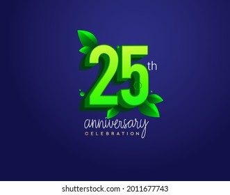 25th anniversary logotype with leaf and green colored, isolated on blue background.