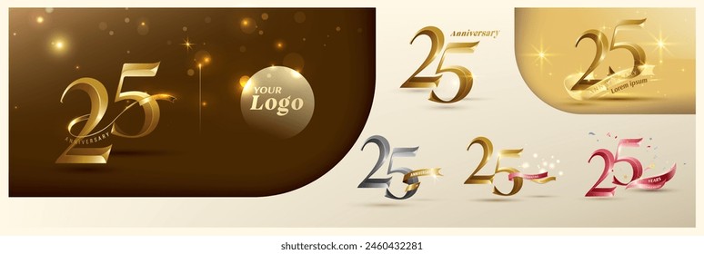 25th anniversary logotype modern gold number with shiny ribbon. alternative logo number Golden anniversary celebration