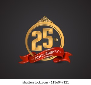 25th anniversary logotype style design luxury  golden color and ornament with warp red ribbon for company celebration event