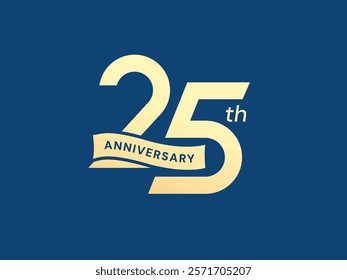 25th Anniversary luxury gold celebration with curved ribbon shape Overlapping number logo typography vector design concept. Twenty-five years anniversary gold template for celebration event, card, web