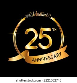 25th Anniversary. Perfect template design for Anniversary celebration event with gold color ribbon and ring, vector illustration