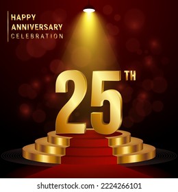 25th Anniversary. Perfect template design with golden podium for celebration events, weddings, greeting cards and invitation cards. Vector illustration