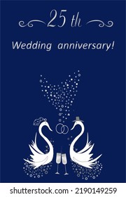 25th Anniversary Silver Wedding Invitation.Two Glasses Of Champagne, Rings. Swans In The Image Of The Bride And Groom. Toast, Splashes Of Champagne. Abstract Vector Illustration