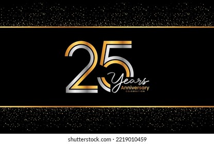 25th Anniversary template design. Anniversary Celebration logo design in golden color for celebration event, invitation, greeting card, flyer, banner, poster, double line logo, vector illustration