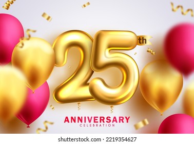 25th anniversary vector background design. Twenty fifth silver anniversary celebration with 25 number balloon elements for greeting card decoration. Vector Illustration.