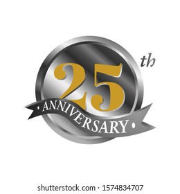 25th anniversary vector logo illustration. 25 years silver anniversary celebration logotype with number and ribbon. twentyfive years celebration event sign symbol on white background.