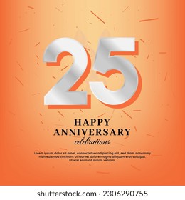 25th anniversary vector template with a white number and confetti spread on an orange background