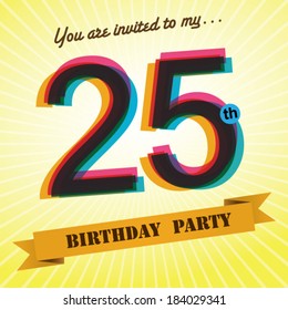 25th Birthday party invite / template design in retro style - Vector Background