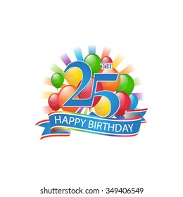 25th colorful happy birthday logo with balloons and burst of light