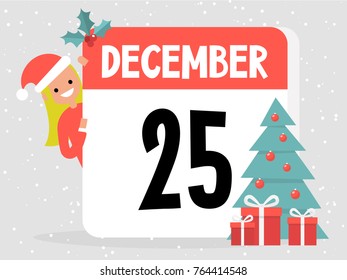 25th of December. Christmas. Young character wearing santa hat and peeking out from behind the decorated calendar. Flat editable vector illustration, clip art