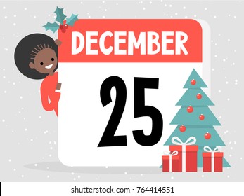 25th of December. Christmas. Young character wearing santa hat and peeking out from behind the decorated calendar. Flat editable vector illustration, clip art