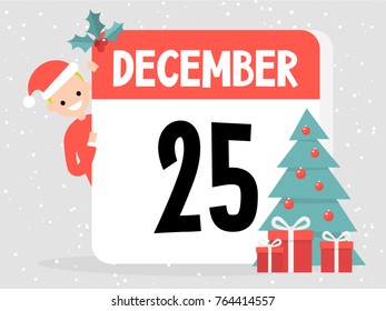 25th of December. Christmas. Young character wearing santa hat and peeking out from behind the decorated calendar. Flat editable vector illustration, clip art