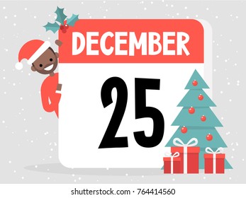 25th of December. Christmas. Young character wearing santa hat and peeking out from behind the decorated calendar. Flat editable vector illustration, clip art