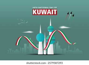 25th February happy Kuwait national day. Abstract kuwait cityscape and Kuwait national flag. 64th national day of kuwait background design.