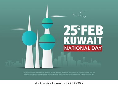 25th February happy Kuwait national day. Abstract kuwait cityscape and Kuwait national flag. 64th national day of kuwait background design.