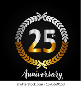 25th gold anniversary celebration logo with golden color and laurel wreath vector design
