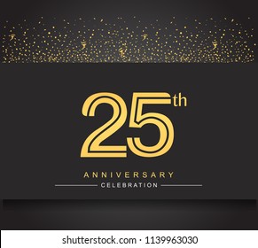 25th Golden Anniversary Celebration Logotype With Confetti Golden Color Isolated On Black Background, Vector Design For Greeting Card And Invitation Card