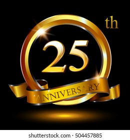 25th golden anniversary logo, 25 years anniversary celebration with ring and ribbon.