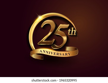 25th golden anniversary logo with gold ring and golden ribbon, vector design for birthday celebration, invitation card.